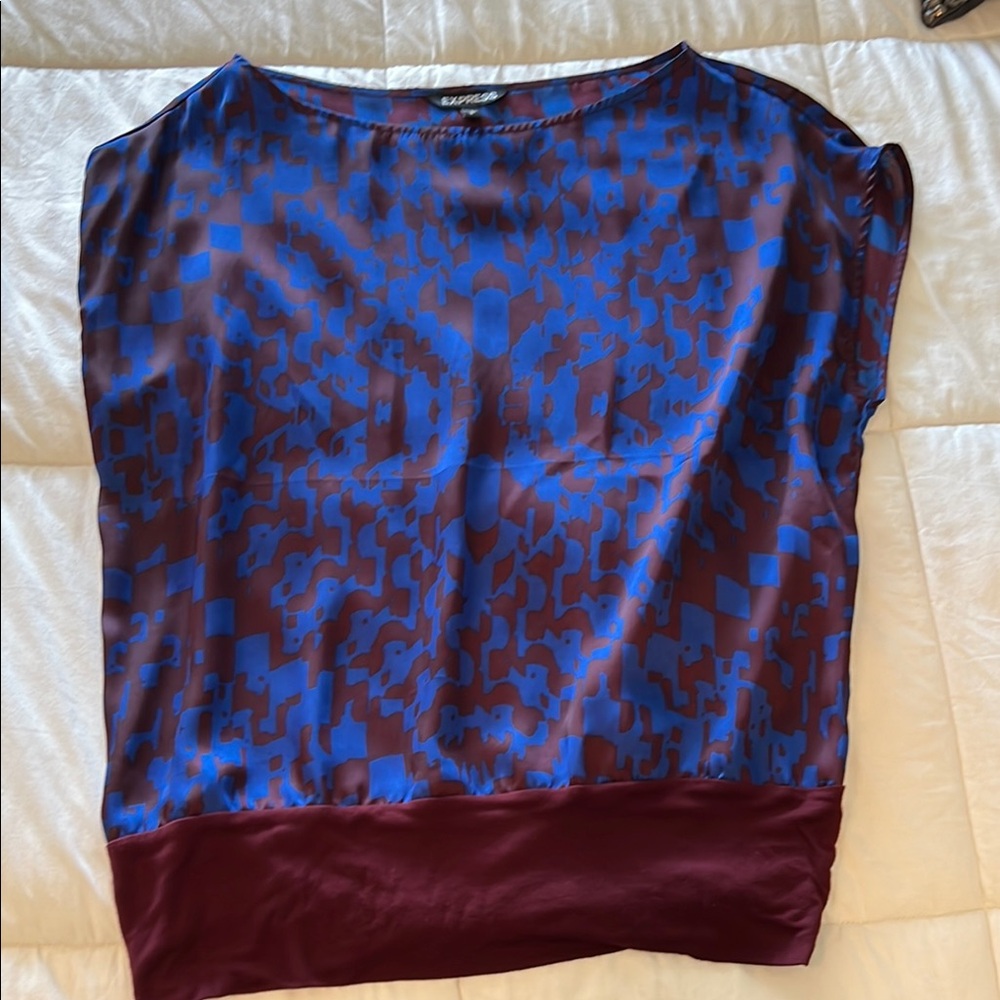 Women’s Express Blue and Maroon Cap Sleeve Blouse